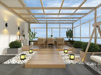 Courtyard Garden Design With Glass Roof Large Windows Wooden Floor Stone Path And Lanterns 3d model