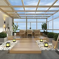 Courtyard Garden Design With Glass Roof Large Windows Wooden Floor Stone Path And Lanterns