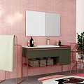 Modern Bathroom Vanity With Pink Tiled Wall White Mirror Green Cabinet And Green Plant