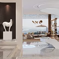 Modern Elegant Lobby Interior With White Horse Sculpture Marble Floor And Circular Design