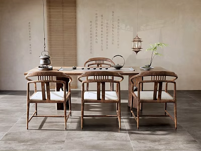Traditional Chinese Solid Wood Tea Table And Chairs With Teapot And Potted Plant 3d model