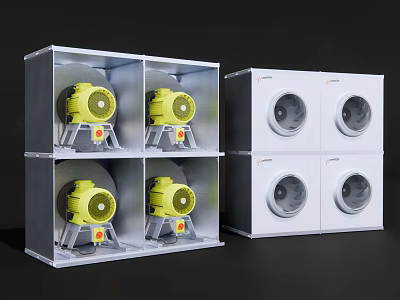 White Enclosed Industrial Equipment With Multiple Yellow Fans And Circular Openings 3d model