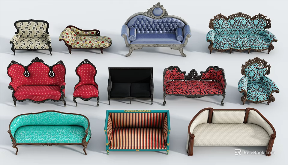 Colorful Sofa Set Collection With Various Styles Patterned Upholstery And Different Sizes 3d model