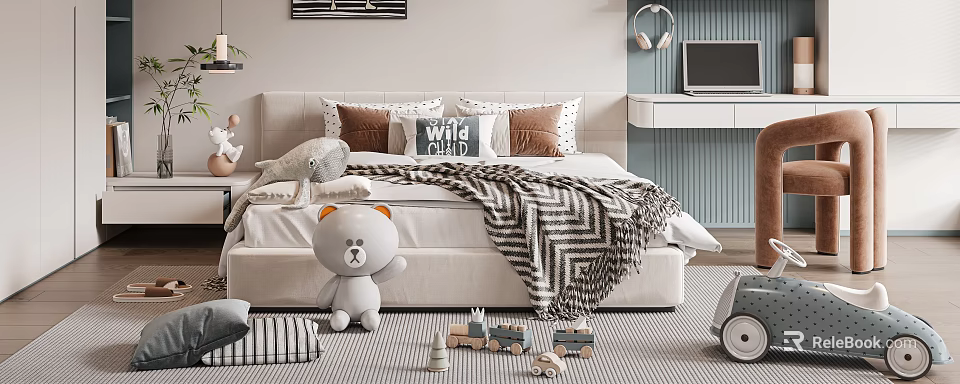 Cozy Kids Bed with Gray Teddy Bear Toy Train Striped Blanket and Wild Child Pillow 3d model 