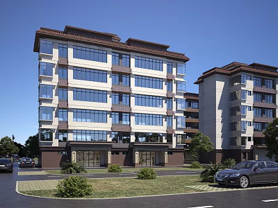 Modern Mid Rise Residential Building with Large Windows Brown Roof Lawn Shrubs and Parked Cars 3d model