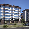 Modern Mid Rise Residential Building with Large Windows Brown Roof Lawn Shrubs and Parked Cars