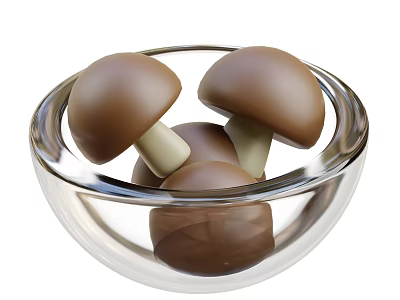 Delicious Mushroom Shaped Chocolates in Transparent Glass Bowl with Brown Tops and Light Stems 3d model