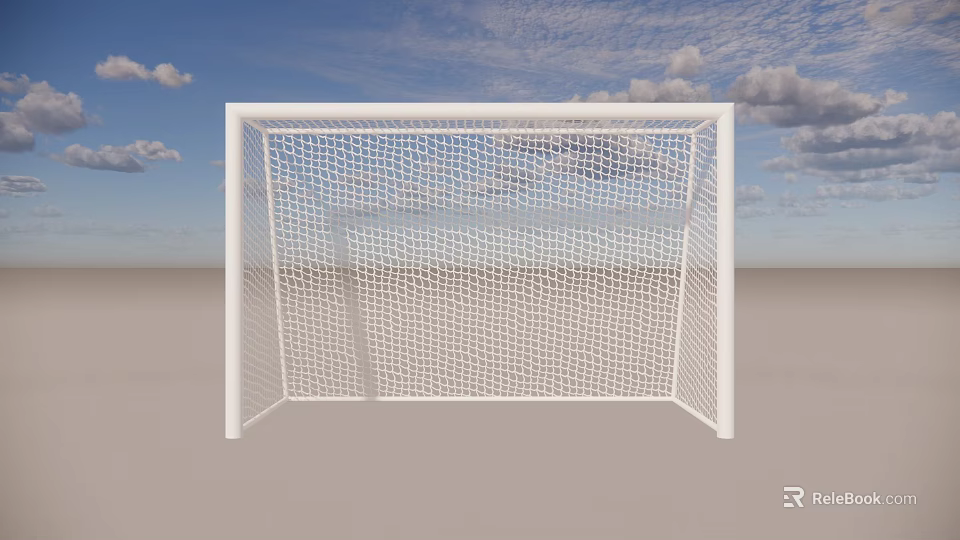 Soccer Field With White Goalpost And Net Under Blue Sky With Clouds 3d model 