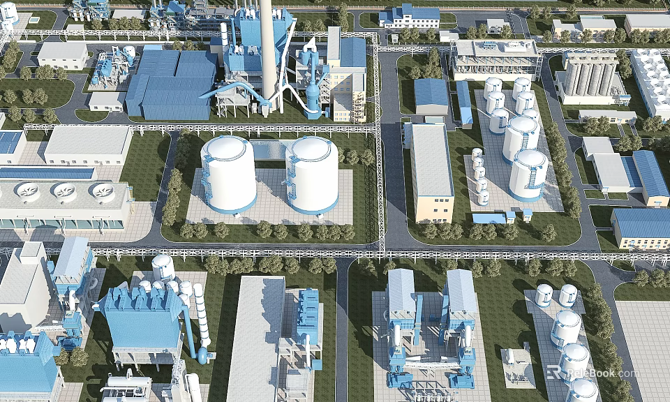 Industrial Plant Aerial View With Multiple Buildings Storage Tanks And Equipment Layout 3d model 