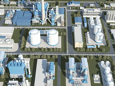 Industrial Plant Aerial View With Multiple Buildings Storage Tanks And Equipment Layout 3d model