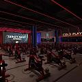 Indoor Spin Bike Fitness Studio With Large Screen Tutorial And Red Lighting 3d model