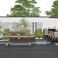 Modern Courtyard Garden Design With Wooden Dining Set Umbrella Stone Tile Flooring And Lush Plants