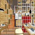 Modern Restaurant Interior With Wooden Walls Hanging Plants Glass Partitions And Geometric Patterned Floor