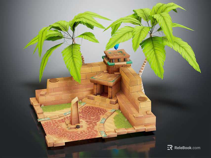 Cartoon Scene With Palm Trees Stone Structures Pathway Green Plants And Small Tower 3d model