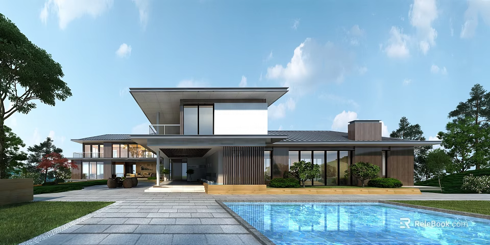 Modern Detached Villa Featuring Swimming Pool Large Glass Windows And Landscaped Lawn 3d model 