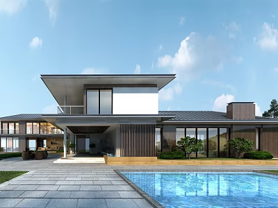 Modern Detached Villa Featuring Swimming Pool Large Glass Windows And Landscaped Lawn 3d model