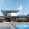 Modern Detached Villa Featuring Swimming Pool Large Glass Windows And Landscaped Lawn
