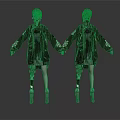 Two Cybernetic Characters In Black Leather Coats With Mechanical Limbs Holding Hands