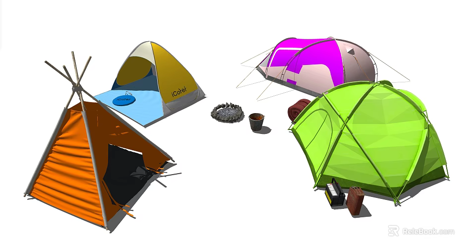Colorful Outdoor Camping Tents With Various Designs And Camping Accessories 3d model 