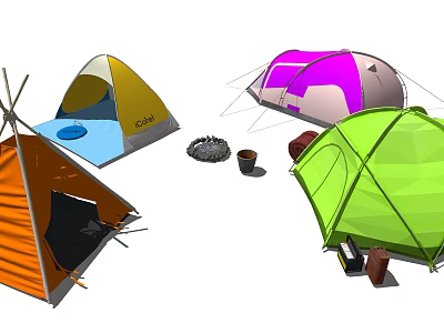 Colorful Outdoor Camping Tents With Various Designs And Camping Accessories 3d model