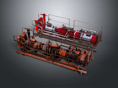 Industrial Equipment With Multiple Red Components And Metal Framework Structure 3d model