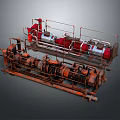 Industrial Equipment With Multiple Red Components And Metal Framework Structure