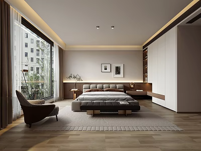 Modern Bedroom Interior Design With Large Bed Two Framed Pictures Wooden Floor And Armchair 3d model