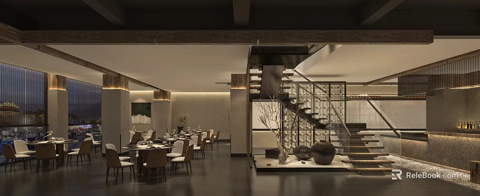 Modern Restaurant Interior With Dining Tables Chairs Staircase And Decorative Ornaments 3d model 