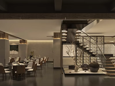 Modern Restaurant Interior With Dining Tables Chairs Staircase And Decorative Ornaments 3d model