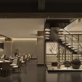 Modern Restaurant Interior With Dining Tables Chairs Staircase And Decorative Ornaments
