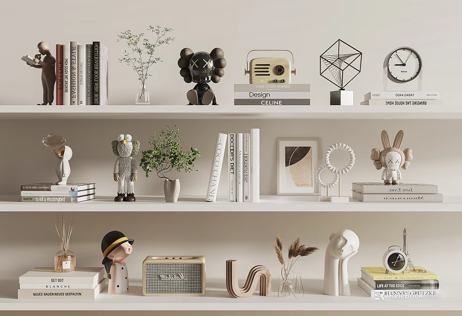 Modern Decorative Ornament Set With Sculptures Books Plants Radio Clock And Geometric Designs 3d model 