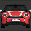Shiny Red Mini Cooper Convertible with White Stripes Black Top and Silver Wheels