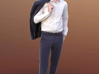 A Stylish Man Wearing White Shirt And Blue Pants With Suit Jacket Over Shoulder 3d model