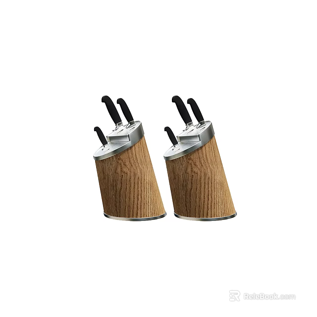 Two Wooden Kitchen Knife Blocks With Black Knives And Metal Tops 3d model 