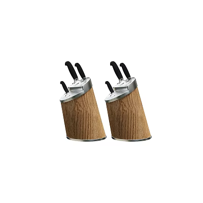 Two Wooden Kitchen Knife Blocks With Black Knives And Metal Tops 3d model