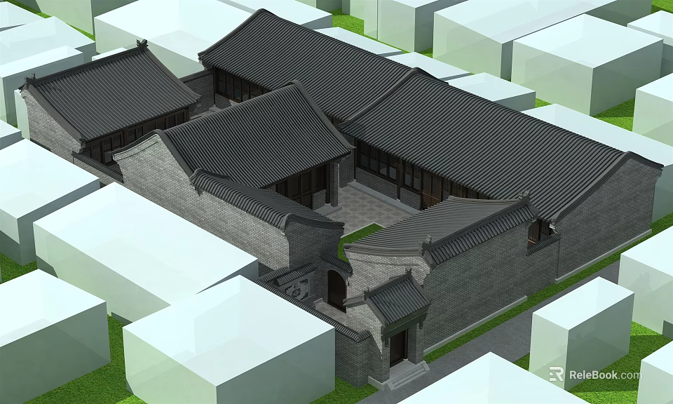 Traditional Chinese Ancient Architecture With Black Tiled Roofs And Courtyard Layout 3d model 