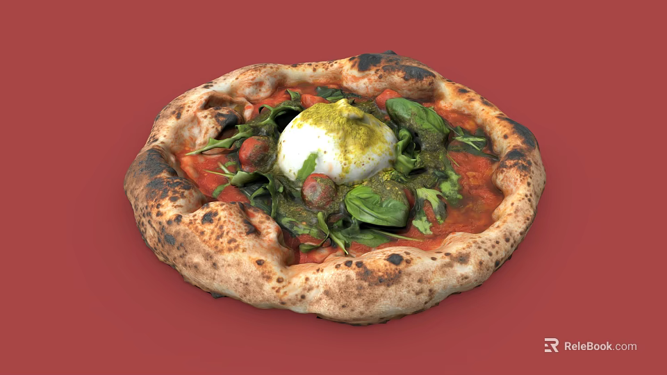 Delicious Homemade Pizza with Charred Crust Tomato Sauce Burrata Cheese Fresh Strawberries and Basil Leaves 3d model 