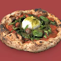 Delicious Homemade Pizza with Charred Crust Tomato Sauce Burrata Cheese Fresh Strawberries and Basil Leaves