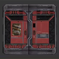 Red Scifi Mechanical Door Panel With Metal Frame And Display Screen