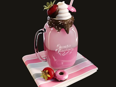 Pink Strawberry Milkshake with Whipped Cream Chocolate Drizzle and Donut on Striped Napkin 3d model