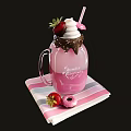 Pink Strawberry Milkshake with Whipped Cream Chocolate Drizzle and Donut on Striped Napkin