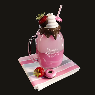 Pink Strawberry Milkshake with Whipped Cream Chocolate Drizzle and Donut on Striped Napkin 3d model