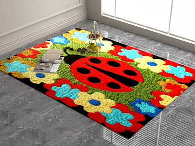 Square Area Rug with Colorful Flower and Ladybug Patterns for Living Room Interior 3d model