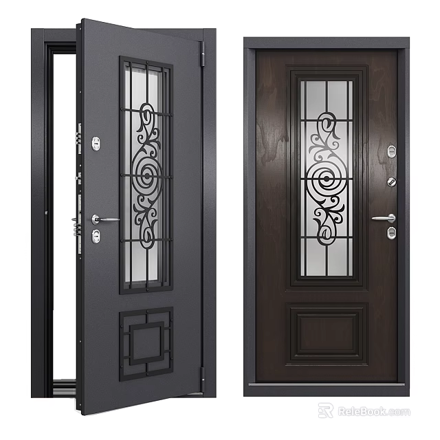 Elegant Dark Brown Swing Door With Glass Panel And Intricate Decorative Pattern Design 3d model