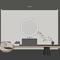 Modern Bathroom Interior Design With Round Mirror Vanity Accent Chair And Plant