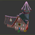 Cartoon Fairy Tale House Scene with Tower Blue Green Roof Wooden Structure and Stone Walls