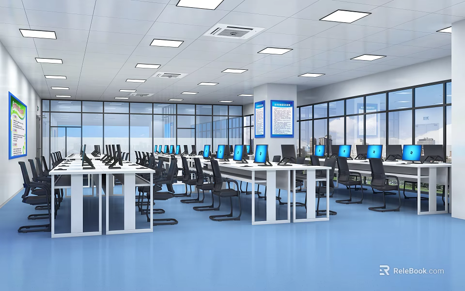 Bright Modern Public Office Space With Spacious Workstations Computers And Large Windows 3d model