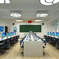 School Computer Classroom With Rows Of Desks Computers Blackboard And Flags 3d model