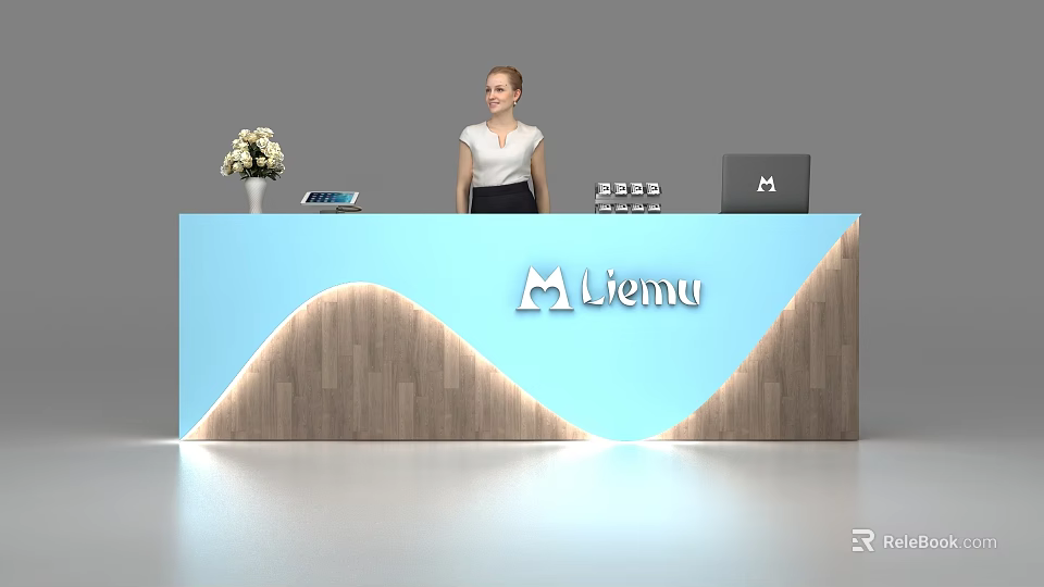 Modern Blue Wooden Texture Reception Desk With Liemu Logo Flower Vase Tablet And Laptop 3d model 