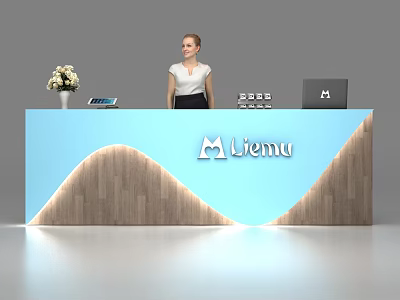 Modern Blue Wooden Texture Reception Desk With Liemu Logo Flower Vase Tablet And Laptop 3d model